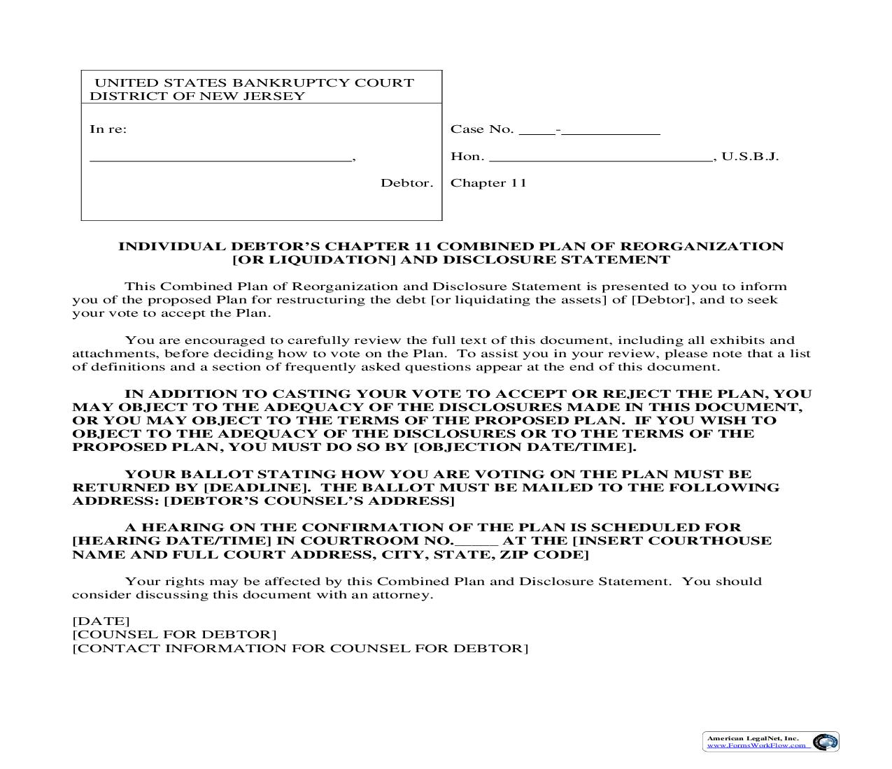 Individual Debtors Chapter 11 Combined Plan of Reorganization [Or Liquidation] And Disclosure Statement {NJB ICPRDS} | Pdf Fpdf Doc Docx | New Jersey